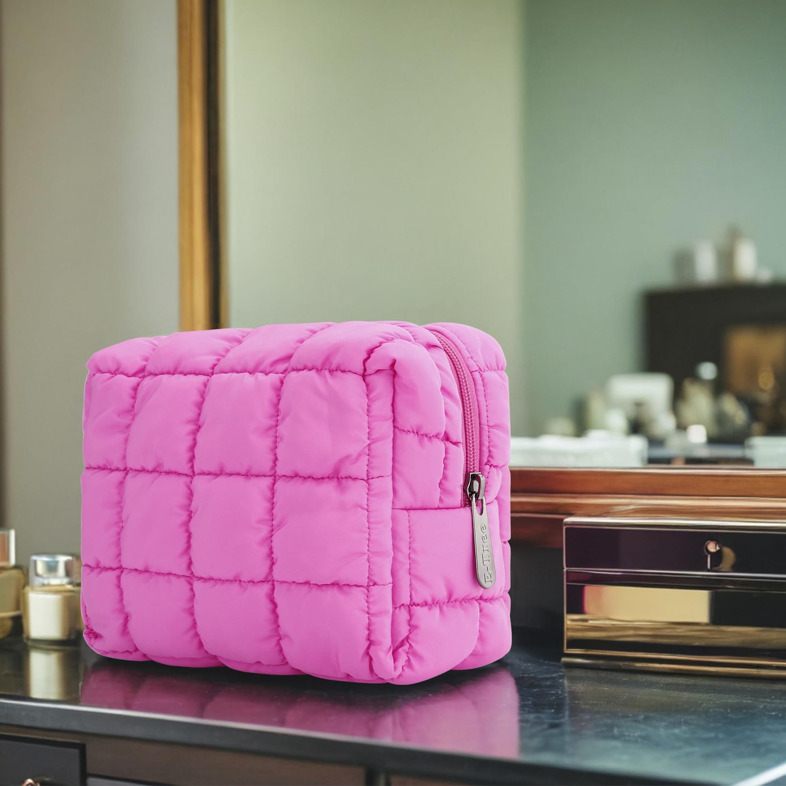 E-Tree Cute Makeup Bag,Quilted Cosmetic Bag,Make up Pouch for Purse,Toiletry Zipper Pouch,Checkered Bag,Travel Case,Storage Pouches for Organization (Hot Pink)