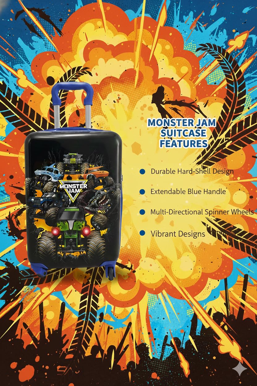Fast Forward Monster Jam 20" Hardshell Luggage - Cute & Durable Hard-side Suitcase for Travel with Spinner Wheels 20"x12"x8"