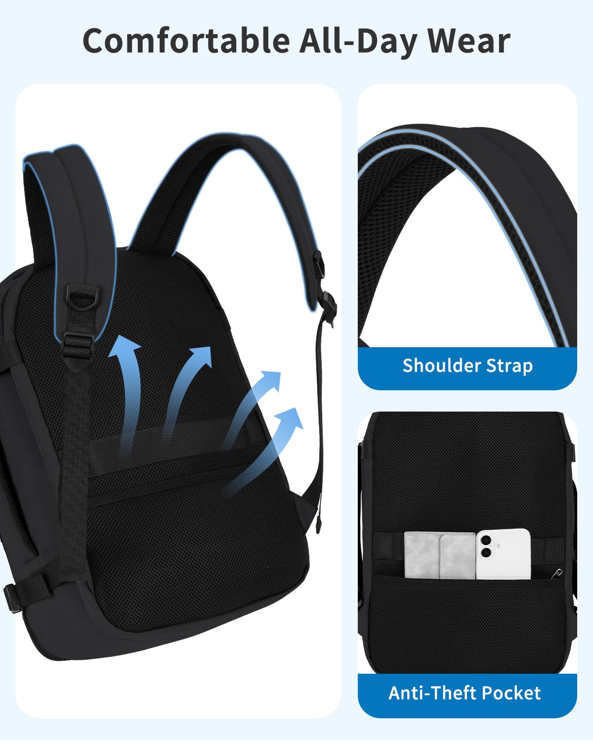WANDF Personal Item Travel Bag, Small Travel Backpack 17x10x9 for United Airlines, 15.6" Laptop Backpack for Men Women (Black)