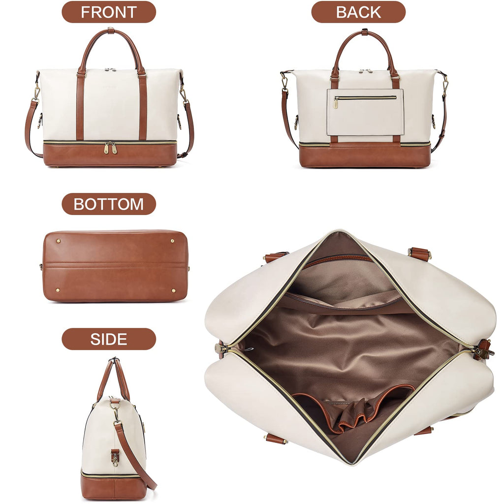 BOSTANTEN Weekender Bags for Women Leather Travel Duffle Bag Carry On Overnight Duffel with Shoe Compartment, Beige&Brown