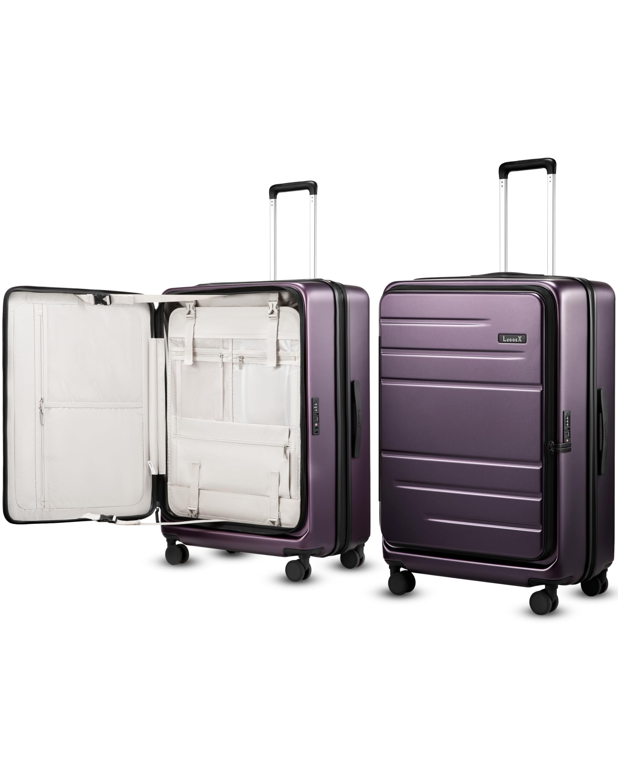 LUGGEX Checked Suitcase with Spinner Wheels, FLO5 Expandable Polycarbonate Hard Shell Suitcase with TSA Approved Lock (FX-Core, Purple, 28 Inch)