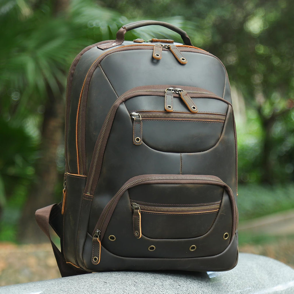 TIDING Leather Laptop Travel Backpack for Men Fits 15.6" 16" Computer, Large Business Work Bag Vintage Overnight Weekender Daypack Camping Rucksack