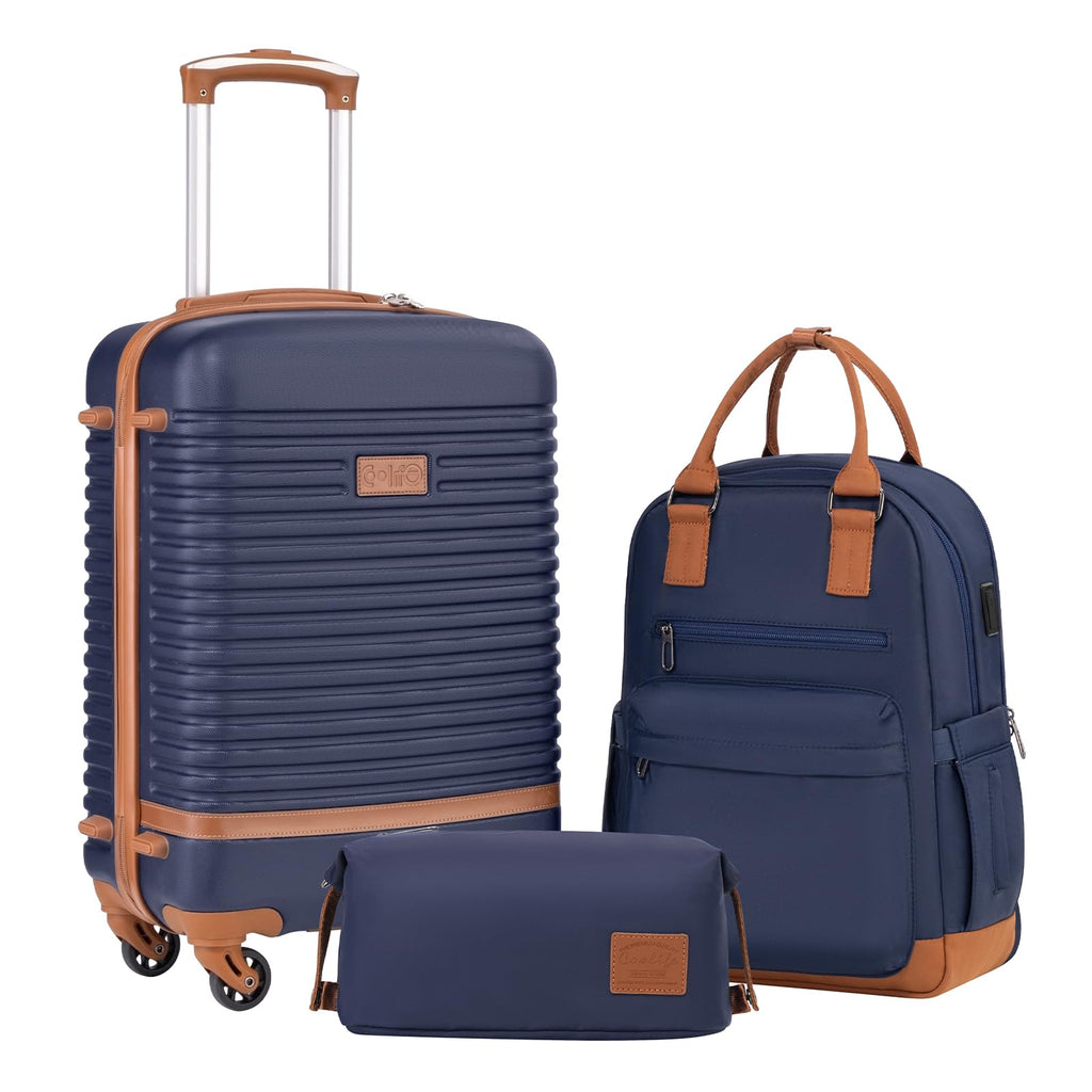 Coolife Suitcase Set 3 Piece Luggage Set Carry On Travel Luggage TSA Lock Spinner Wheels Hardshell Lightweight Luggage Set(Navy, 3 piece set (BP/TB/20))