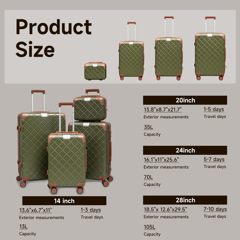 Voytra Lightweight Hardside luggage sets Suitcases with Spinner Wheels YKK Zipper & TSA Lock, ABS+PC Hardshell 4 Piece Luggage Set for Weekend Getaways & Family Travel (14/20/24/28 Green)