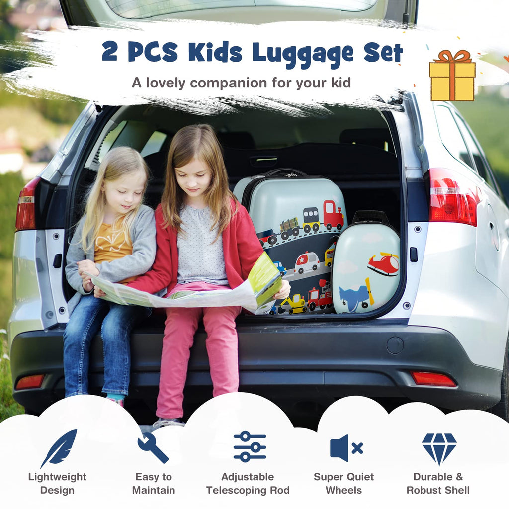 Goplus 2PC Kids Luggage, 12" & 16" Kids Carry On Luggage Set with 4 Spinner Wheels, Lightweight Rolling Spinner Suitcase for Children Toddlers Boys and Girls Travel (Car)
