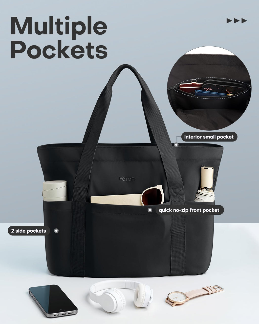 HOTOR Tote Bag for Women - Foldable Lightweight Tote Bags with Zipper, Large Shoulder Bag Top Handle Handbag Carry-On Bag for Travel, Shopping, Work, Black, 19.7" x 6.7" x 13.8"