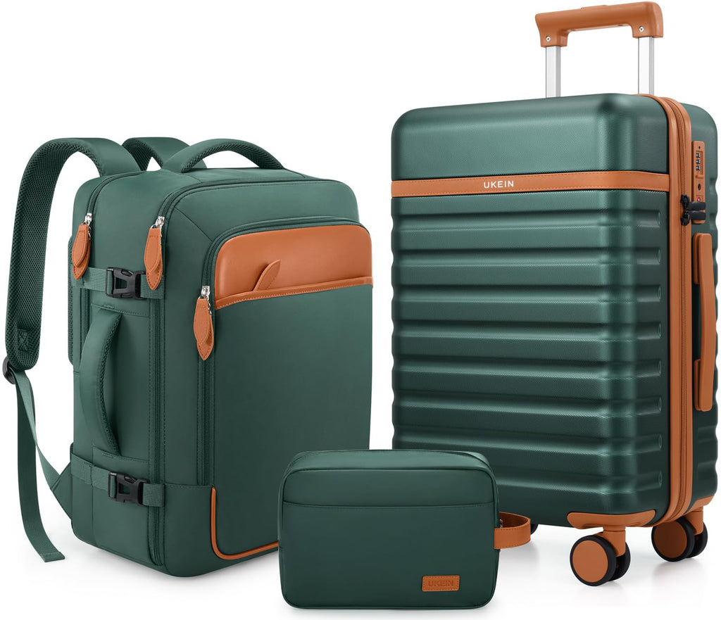 UKEIN Luggage Sets 3 Piece, Carry On Luggage 20In With Spinner Wheels,PC Hardside Suitcase Set with TSA Lock,Durable Carry On Suitcase With Travel Backpack for Men (Green, 3 piece set (20inch))
