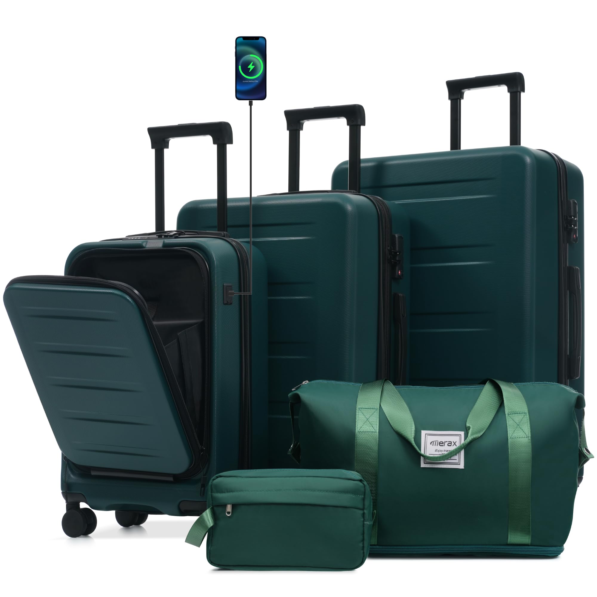 Merax Luggage Sets 5 Piece,Front Open Hardshell Expandable Suitcase with Spinner Wheels and Duffel Bags,Lightweight Carry on Luggage with USB Port,20/24/28IN,Dark Green