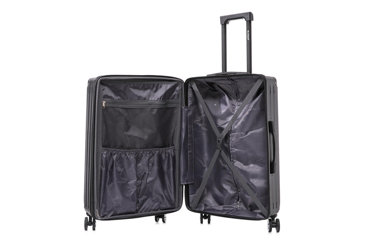 Rockland Huntington 3 PC Luggage Set, 2 PC Hard Case Upright Luggages with Spinner Wheels and a 14" Polyester Tote Bag, Black, (14" Tote, 20", 28")