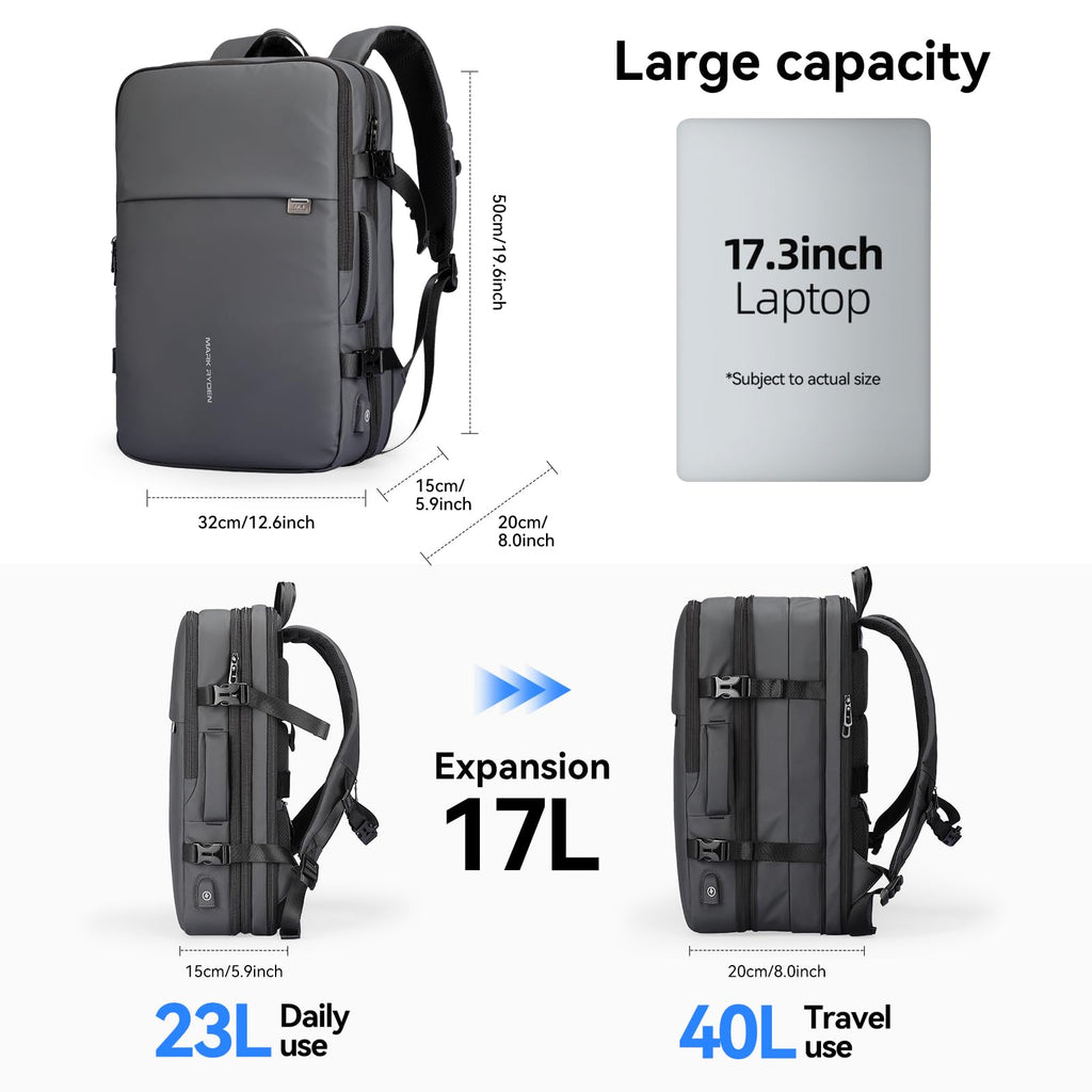 MARK RYDEN Travel Backpack for Men, 40L Airline Approved Carry on Backpack with USB Charging Port, 17.3 Inch Waterproof Business Laptop Backpack