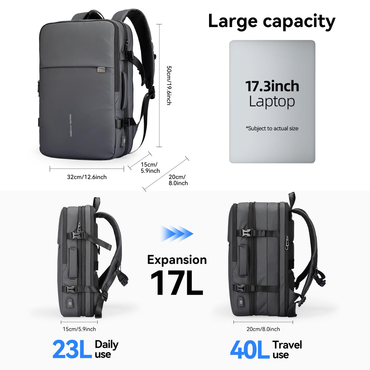 MARK RYDEN Travel Backpack for Men, 40L Airline Approved Carry on Backpack with USB Charging Port, 17.3 Inch Waterproof Business Laptop Backpack