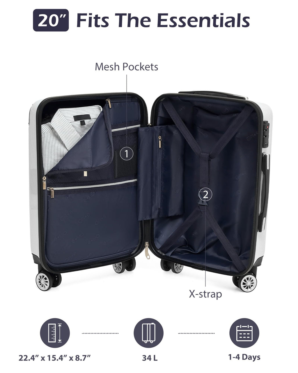 Coolife Carry On Luggage, Suitcase with Durable and Lightweight, carry on suitcase with PC+ABS Hardshell, Dual Spinner Wheels, TSA Lock, and YKK Zipper (white grid new, S(20in)_carry on)