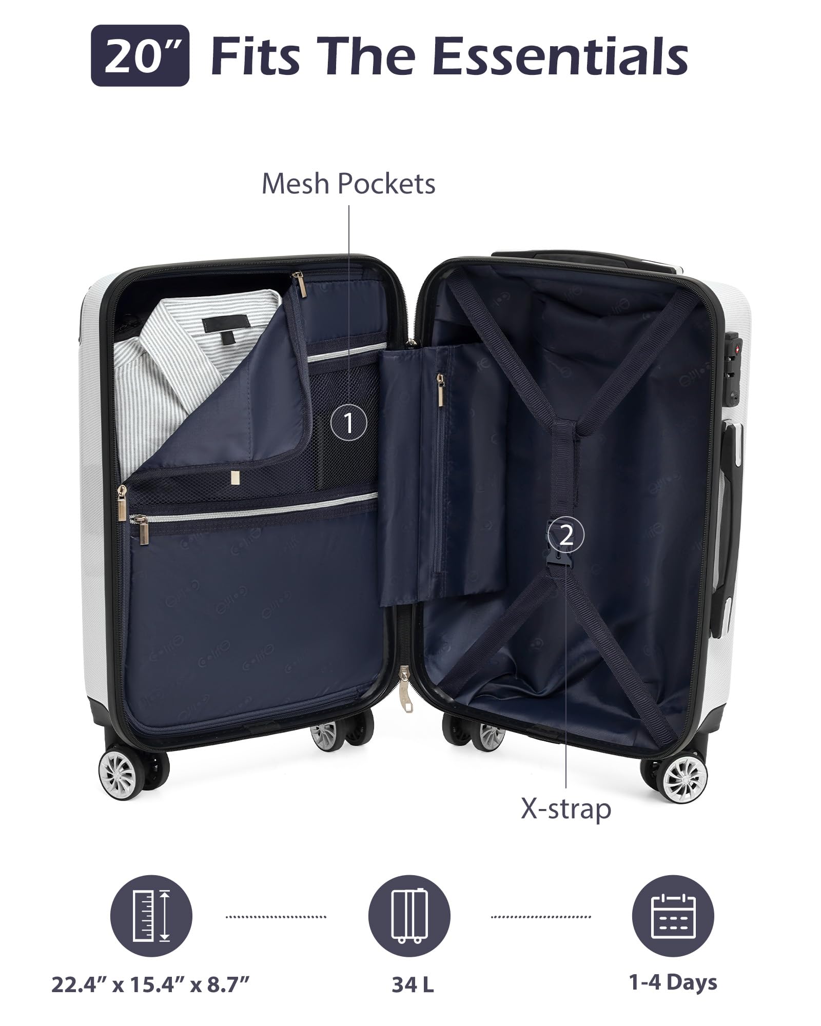 Coolife Carry On Luggage, Suitcase with Durable and Lightweight, carry on suitcase with PC+ABS Hardshell, Dual Spinner Wheels, TSA Lock, and YKK Zipper (white grid new, S(20in)_carry on)