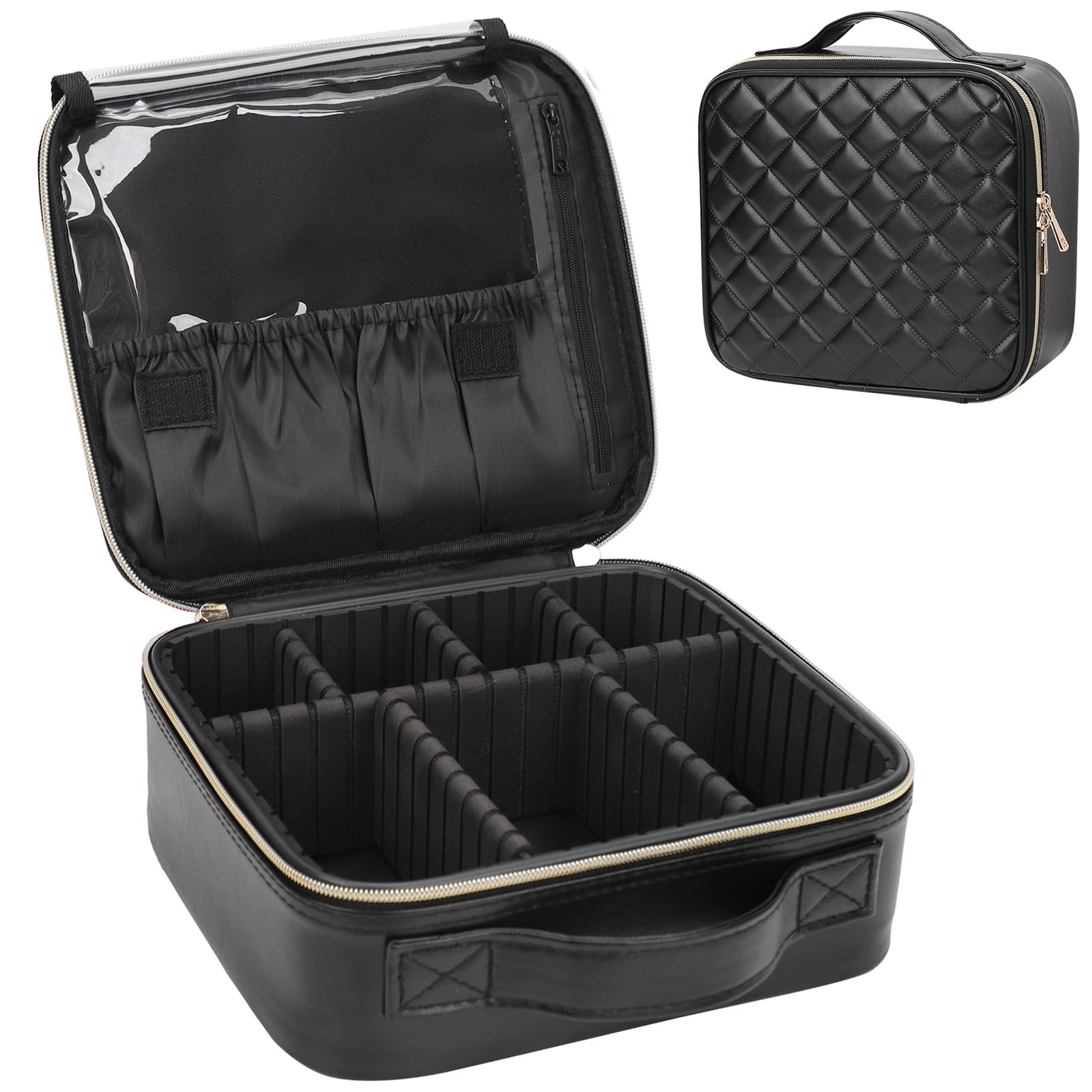 Relavel Makeup Bag, Travel Cosmetic Train Case Organizer Portable Artist Storage Bag with Adjustable Dividers for Cosmetics Makeup Brushes Toiletry Jewelry Digital Accessories Quilted Leather Black