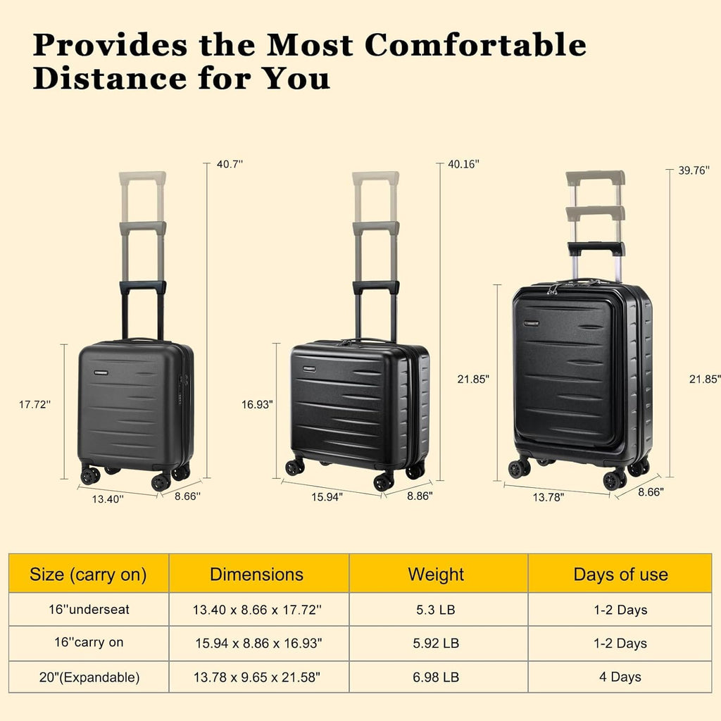 CENSIEN 16 Inch Underseat Carry On Luggage Airline Approved, Expandable Lightweight ABS+PC Hard Shell Suitcases with 360° Spinner Wheels, TSA Lock, YKK Zipper, for Business Weekender (Black, 1 PC)