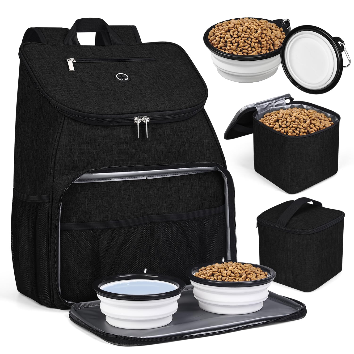 BAGLHER丨Dog Travel Bag, Airline Approved Pet Supplies Backpack, Dog Travel Backpack Accessories Set with 2 Silicone Collapsible Bowls and 2 Food Baskets. Black