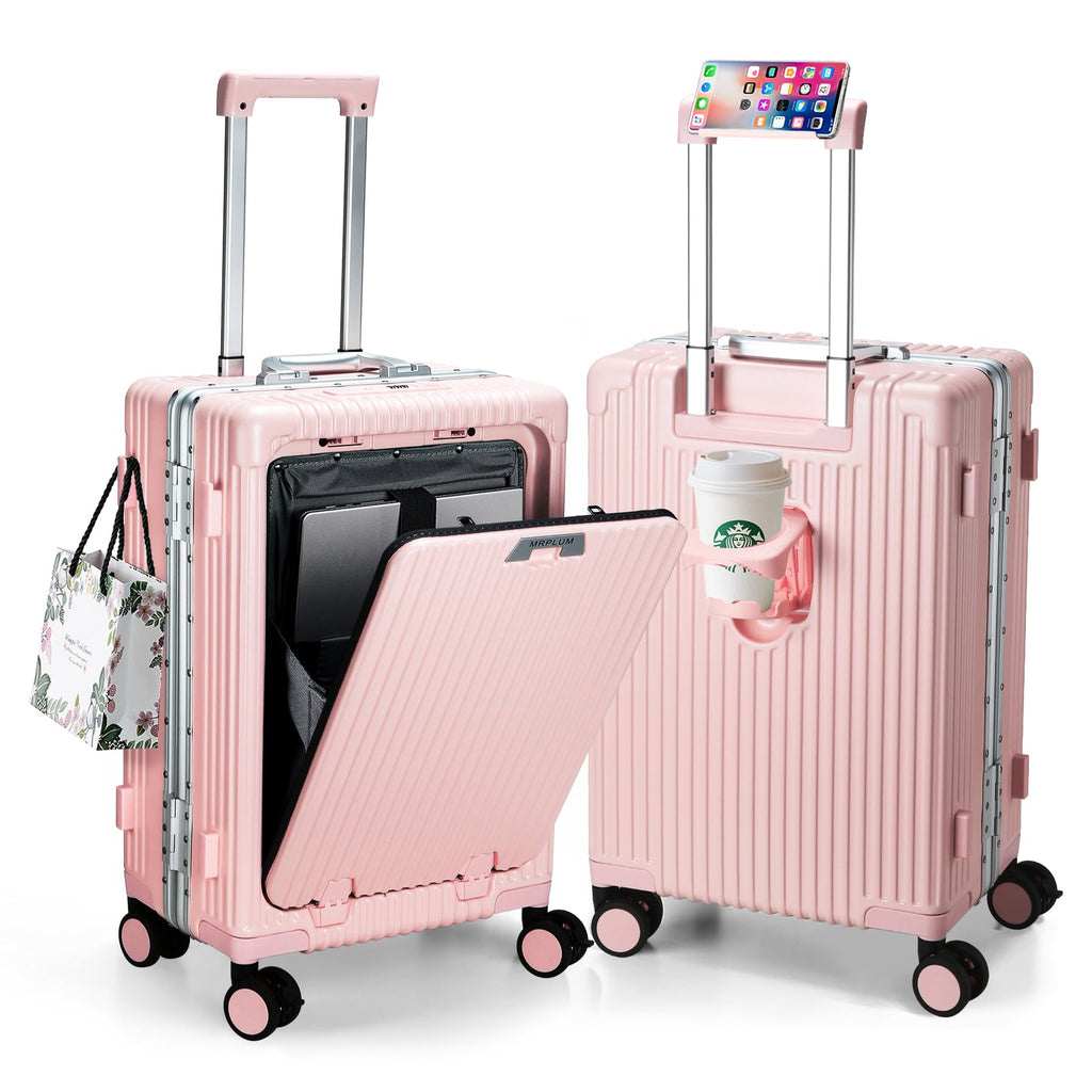 MRPLUM Front Pocket Carry On Luggage,Aluminum Frame PC Hardside Spinner Wheel Suitcase with TSA Lock,Cup Holder,Phone Holder&USB Charging Port,Pink(1 Piece)