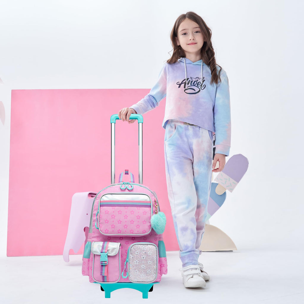 Meetbelify Backpack with Wheels for Girls Rolling Backpack Cute Carry on Backpack for Elementary Student