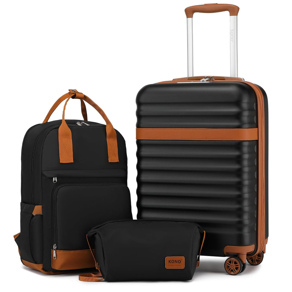 Kono Airline Approved Suitcase Set 3 Piece Luggage Set Lightweight Carry On Travel Luggage, TSA Lock Spinner Wheels Hardshell (Black/Brown, (BP/TB/20))