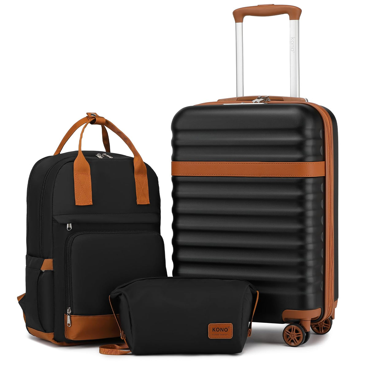 Kono Airline Approved Suitcase Set 3 Piece Luggage Set Lightweight Carry On Travel Luggage, TSA Lock Spinner Wheels Hardshell (Black/Brown, (BP/TB/20))
