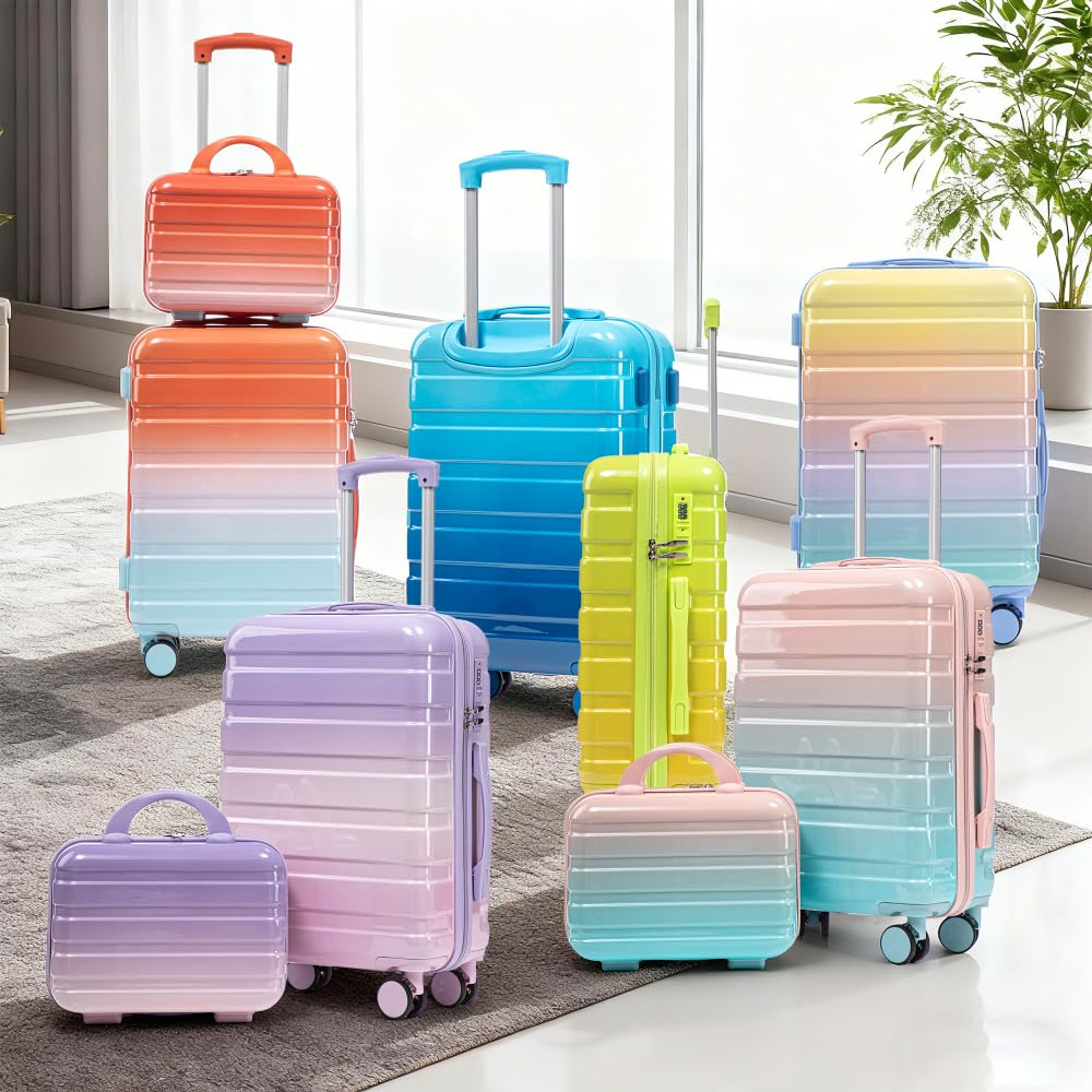Luxebough Gradient Color Suitcase 2-Piece Set, 20" Rotating Wheel Suitcase with 14" Cosmetic Case, Lightweight Durable Hardshell Luggage with 360° Spinner Wheels for Travel, Women & Girls (Blue+Pink)