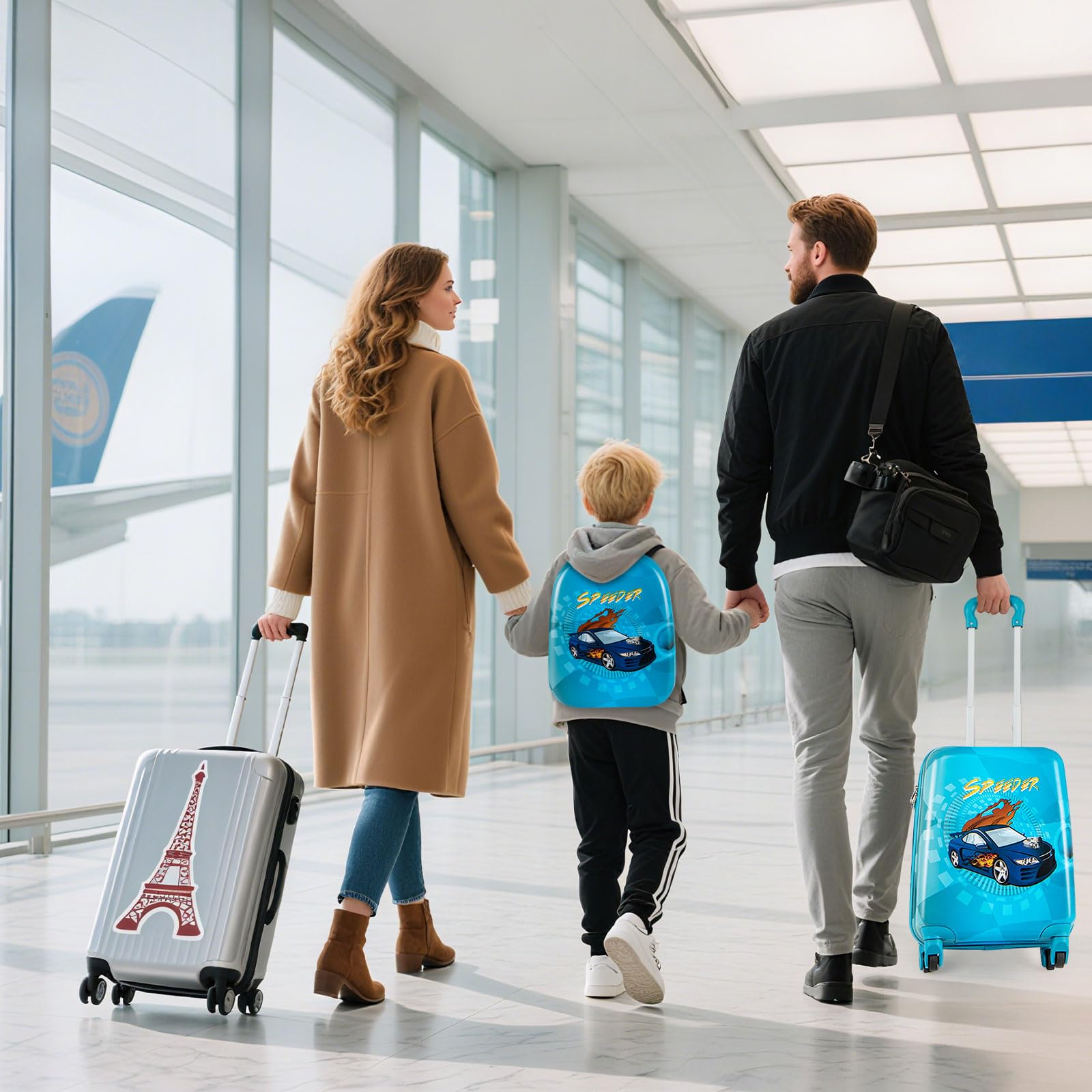 Goplus 2 PCS Kids Luggage, 13" & 16" Carry-on Suitcase w/Spinner Wheels, Telescopic Handle, Hard Shell Rolling Trolley Luggage for Toddler Boys Girls Travel, Airline Approved (Blue, Racing Car)