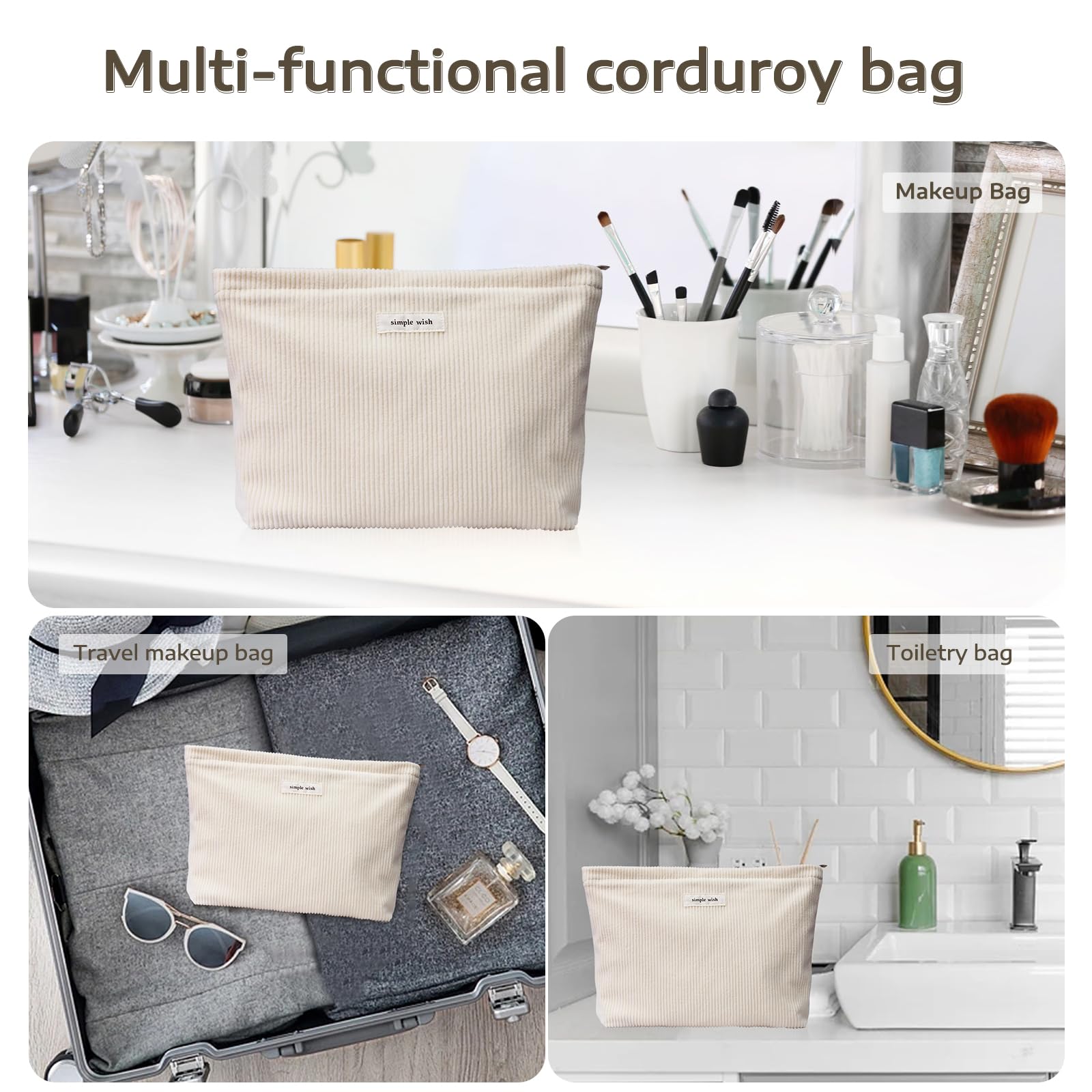 Wudygirl Travel Makeup Bag Large Capacity Cosmetic Bag for Women Corduroy Toiletry Pouch Handbags Zipper Purses Travel Essentials (Beige)