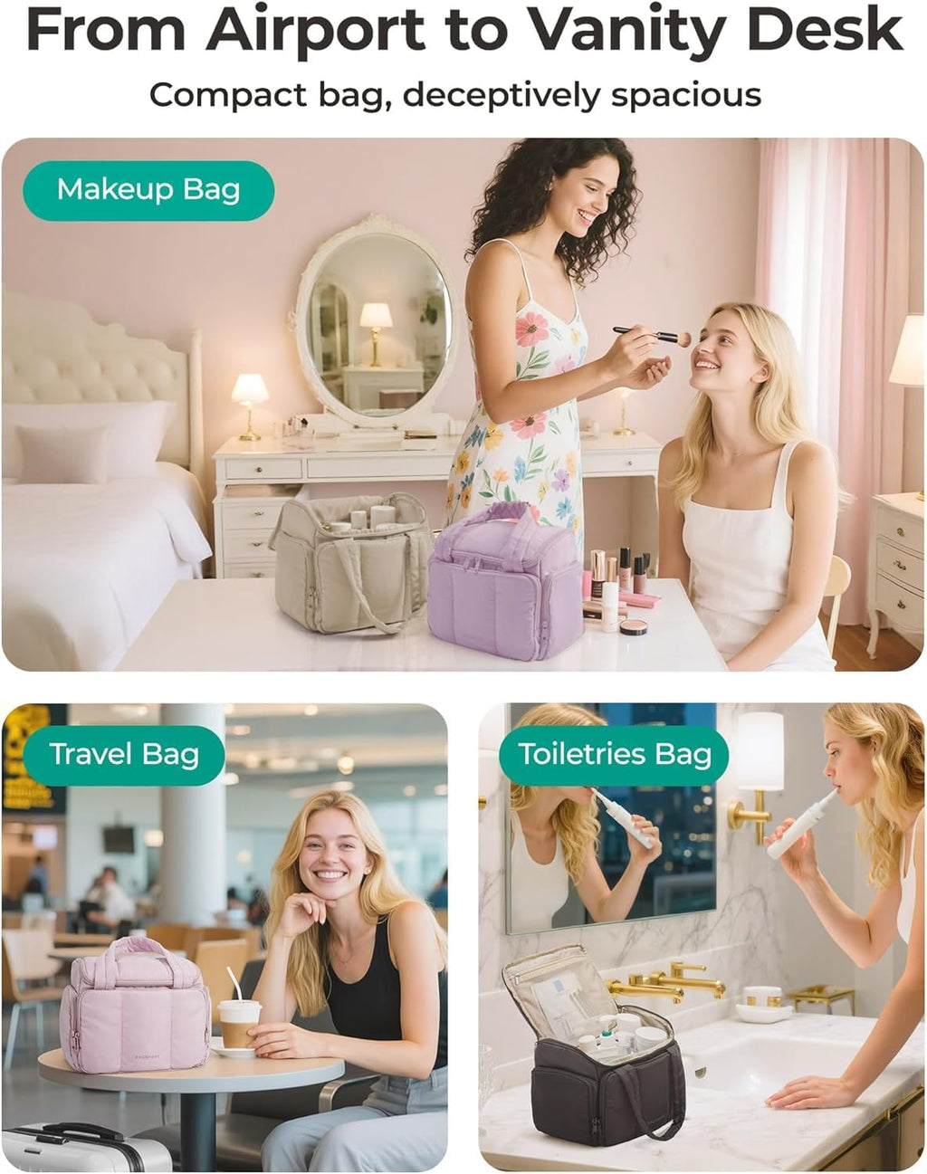 BAGSMART Travel Toiletry Bag for Women with Puffy Water-Resistant Fabric, Roomy Makeup Bag Organizer for Travel-Sized Toiletries & Accessories (Nude Pink)