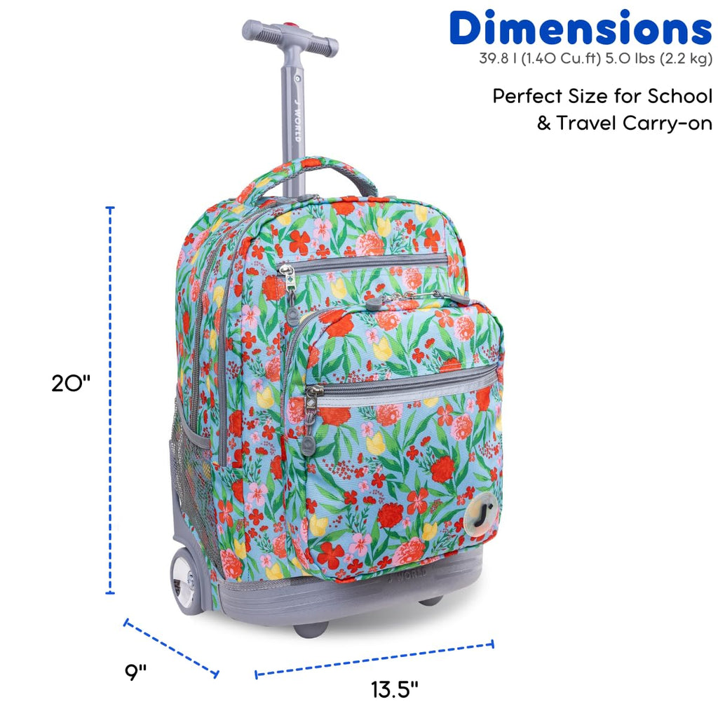 J World Sundance Laptop Rolling Backpack for Girls Boys. Roller Bookbag with Wheels, Flora