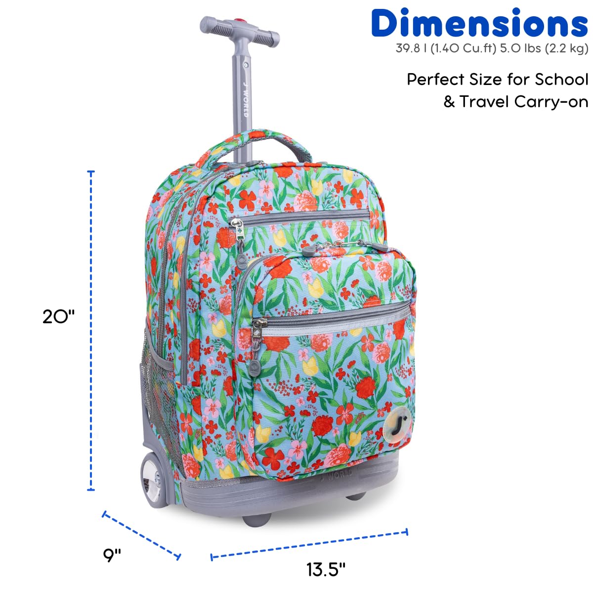 J World Sundance Laptop Rolling Backpack for Girls Boys. Roller Bookbag with Wheels, Flora
