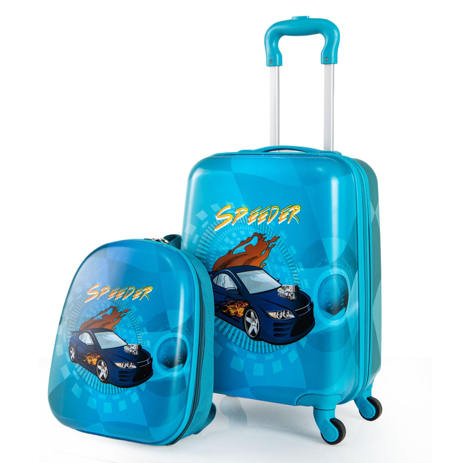 Goplus 2 PCS Kids Luggage, 13" & 16" Carry-on Suitcase w/Spinner Wheels, Telescopic Handle, Hard Shell Rolling Trolley Luggage for Toddler Boys Girls Travel, Airline Approved (Blue, Racing Car)