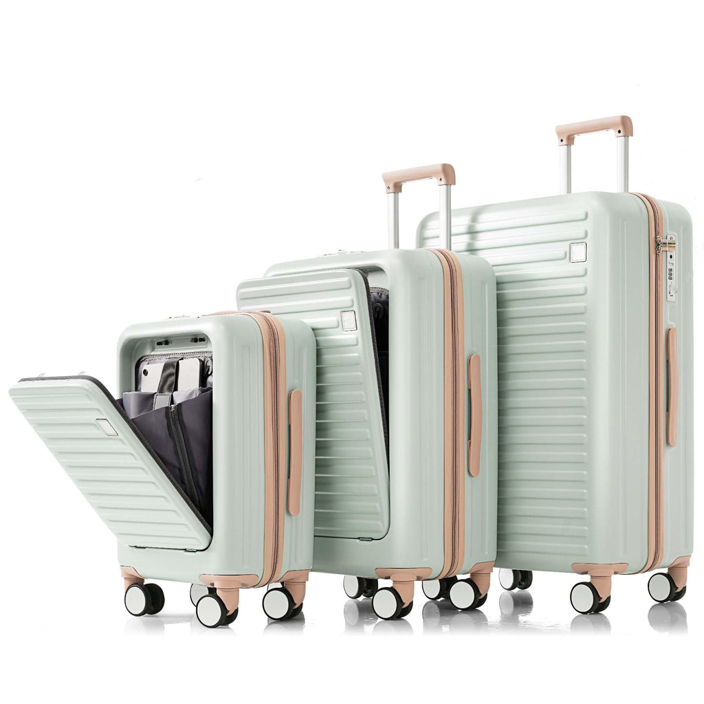 Hardshell Luggage Sets 3 Piece with Spinner Wheels, Green Luggage Set with TSA Lock, Carry on Suitcase with USB Port, Cup Holder, Front Pocket, Lightweight, 20"/24"/28" (Green, 3PC(20/24/28in))