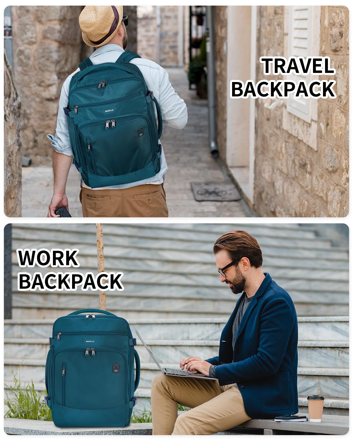 ECOHUB Travel Backpack for Women, 18x14x8 Spirit Airlines Personal Item Bag with Clear Toiletry Bag, Laptop Carry on Backpack with USB Port, Airline Approved Under Seat 14 Pockets, Blue Green