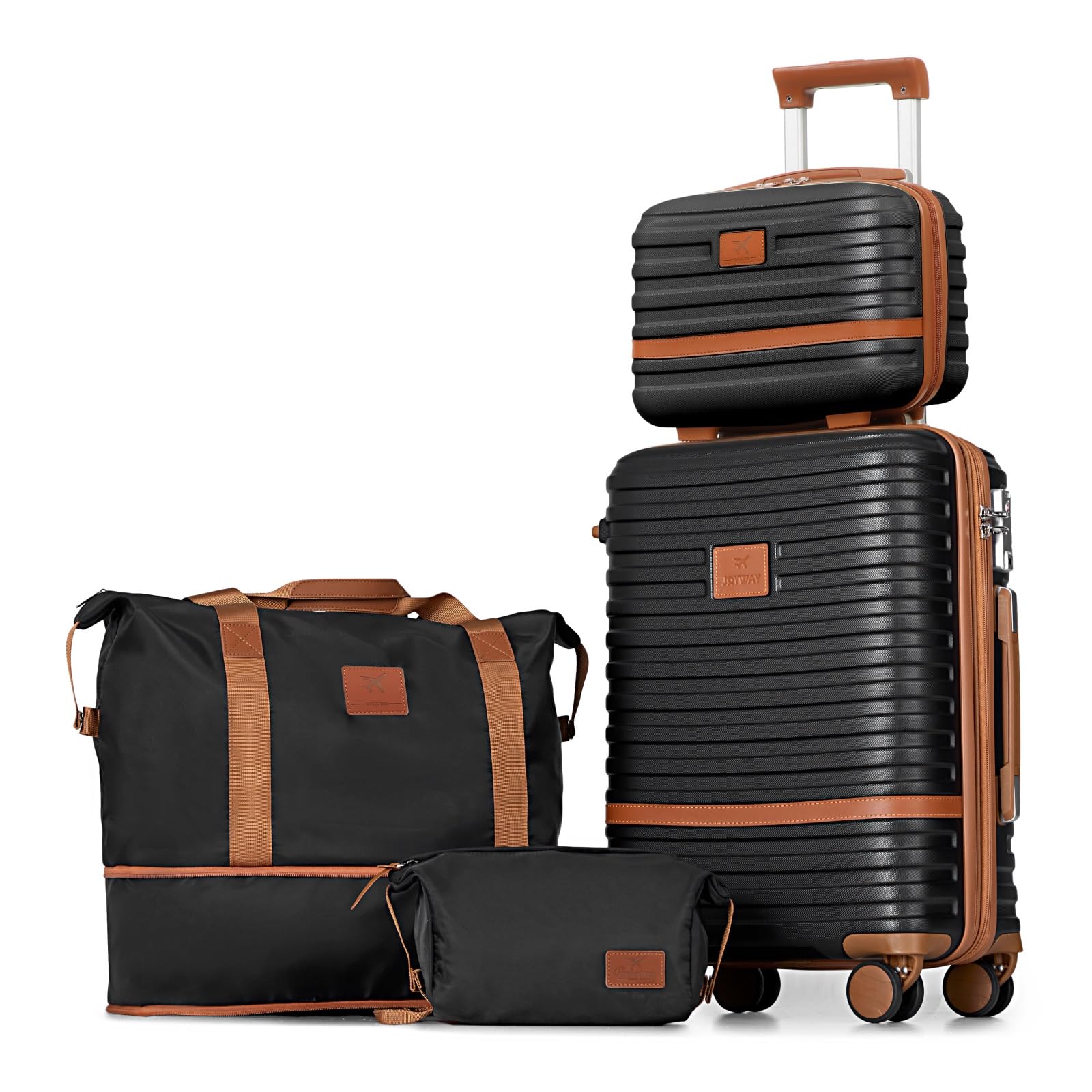 Joyway Carry On Luggage 20 Inch Expandable Suitcase with Spinner Wheel, 4 Piece Hard Shell Luggage Set with TSA Lock(Black brown)
