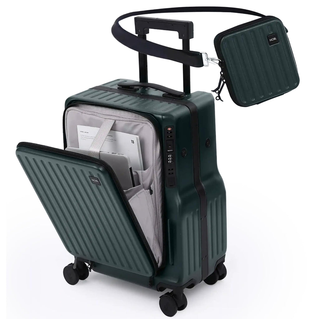 NOBL Duo Carry Carry-On Luggage with Detachable Side Bag, 22.1x14.6x10.5 Airline Approved, Noble Zipperless PC Hard Shell Suitcase & Crossbody, 360° Spinner Wheels, TSA Locks, USB Port - Forest Green