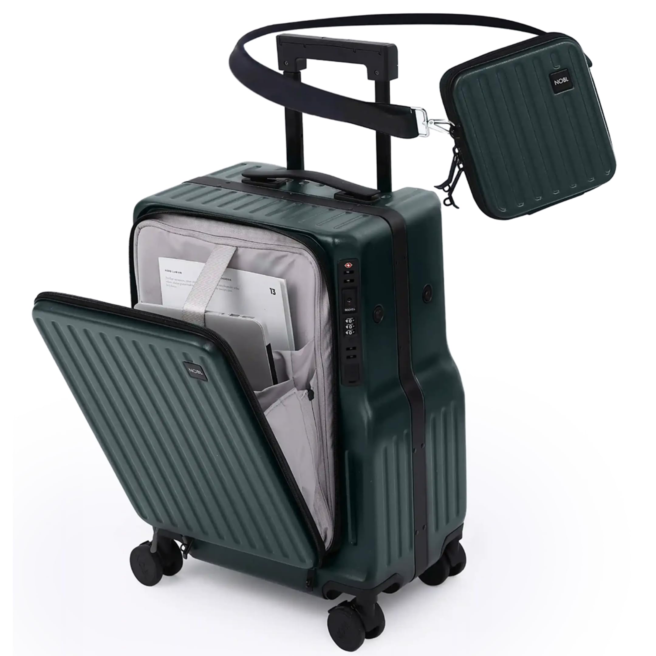 NOBL Duo Carry Carry-On Luggage with Detachable Side Bag, 22.1x14.6x10.5 Airline Approved, Noble Zipperless PC Hard Shell Suitcase & Crossbody, 360° Spinner Wheels, TSA Locks, USB Port - Forest Green