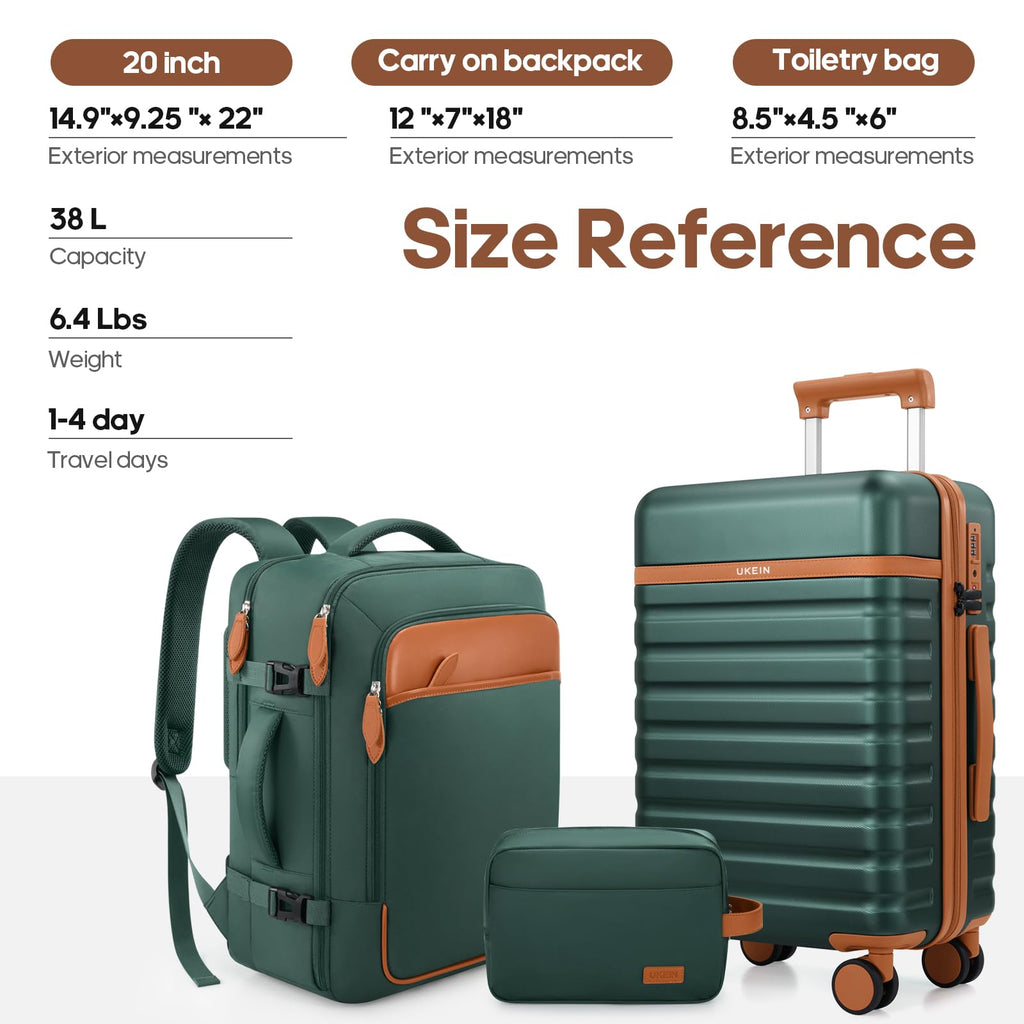 UKEIN Luggage Sets 3 Piece, Carry On Luggage 20In With Spinner Wheels,PC Hardside Suitcase Set with TSA Lock,Durable Carry On Suitcase With Travel Backpack for Men (Green, 3 piece set (20inch))