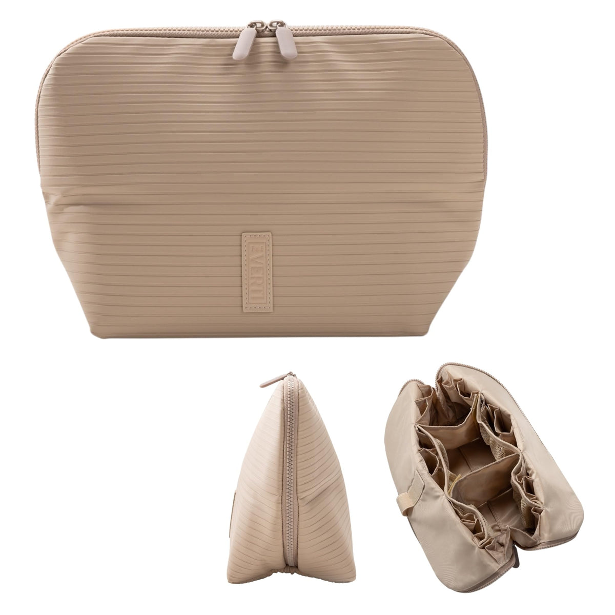 THE VERTI-Vertical Waterproof Makeup & Toiletry Bag | 23-Pocket Organizer with Upright, Fold-Down Design for Skincare, Toiletries & Essentials (Sandstone, Medium)