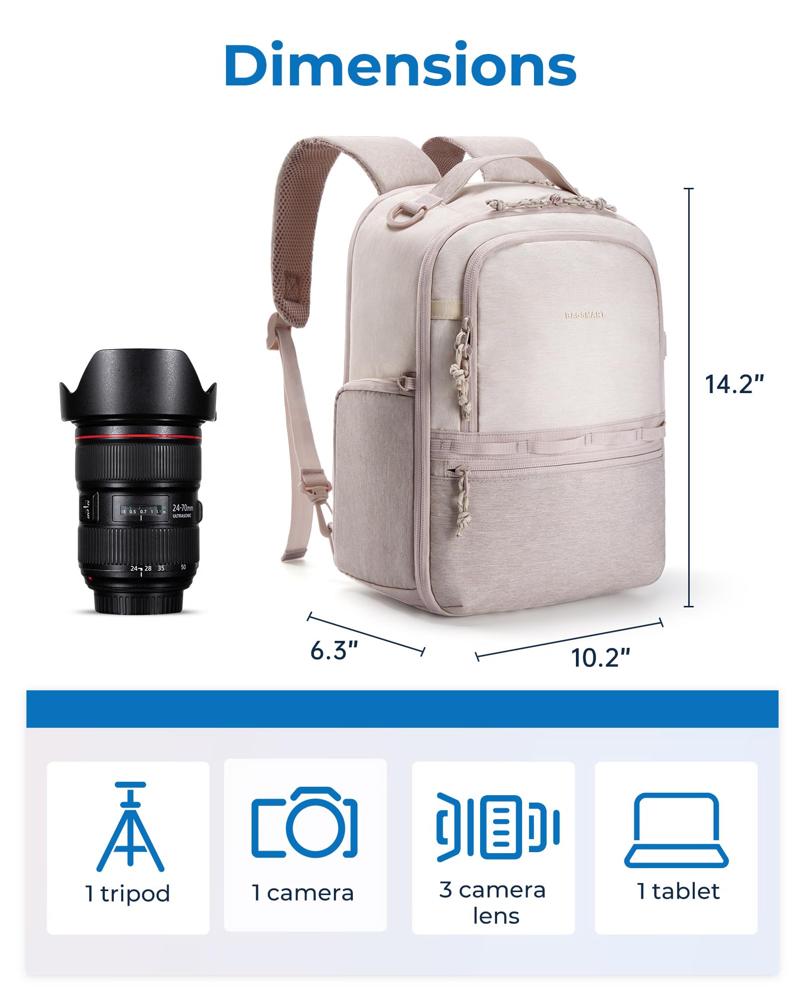 BAGSMART Camera Backpack, DSLR SLR Small Camera Bags for Photographers Compatible for Sony Canon Nikon, Shoulder Strap 2-in-1 Travel Backpack Fits 12.9" iPad, Beige