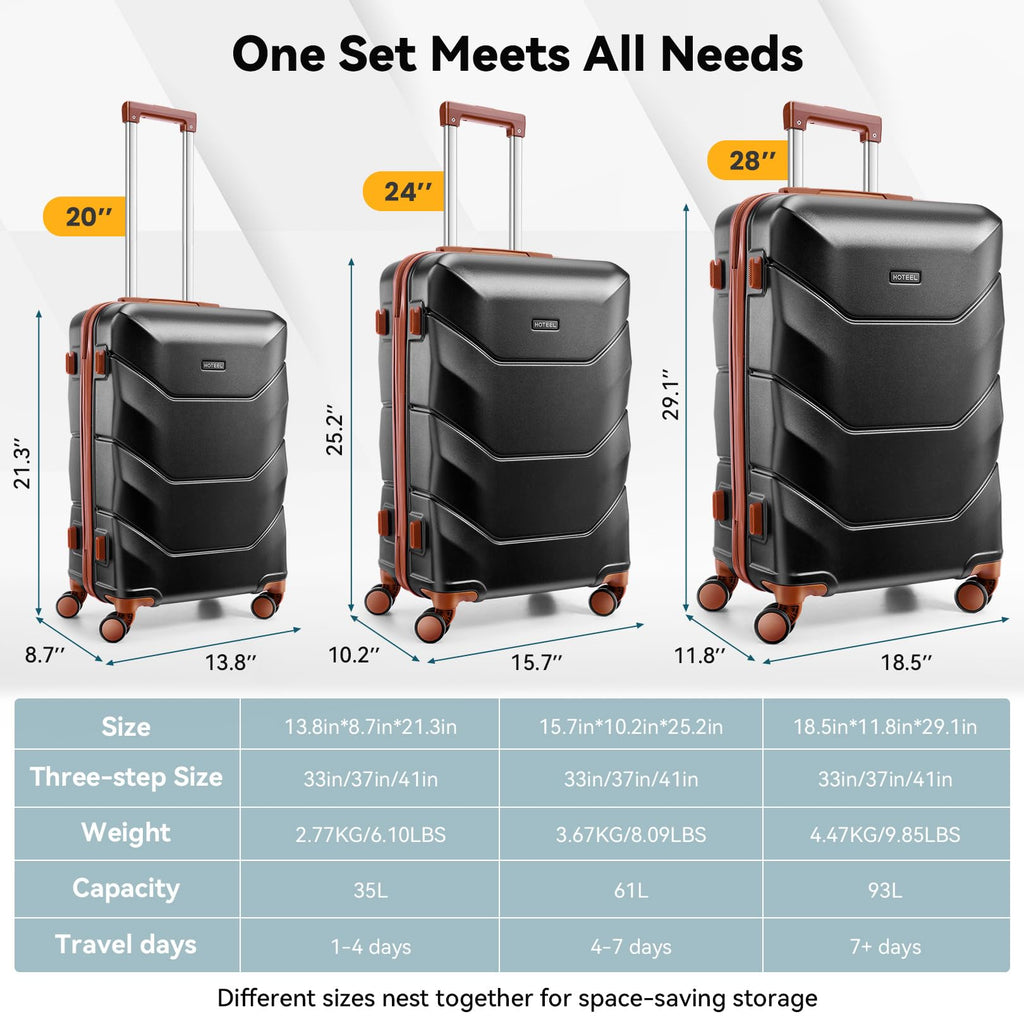 Hoteel Luggage Sets 3 Piece, 4-Year Warranty, Durable Suitcase Set with Spinner Wheels, ABS Hard Shell Lightweight Luggage with TSA Lock, Large Checked Travel Suitcases, Black(20/24/28)