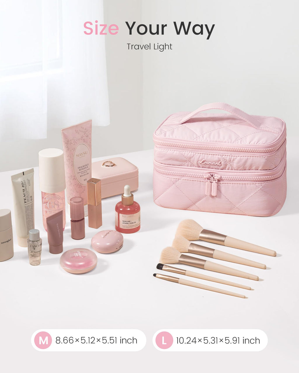 LOVEVOOK Travel Makeup Bag,Large Open Flat Tolietry Bag for Women,Waterproof Portable Cosmetic Pouch,Double Layer Quilted Makeup Bag Organizer With Handle,Travel Essentials,Gift for Her