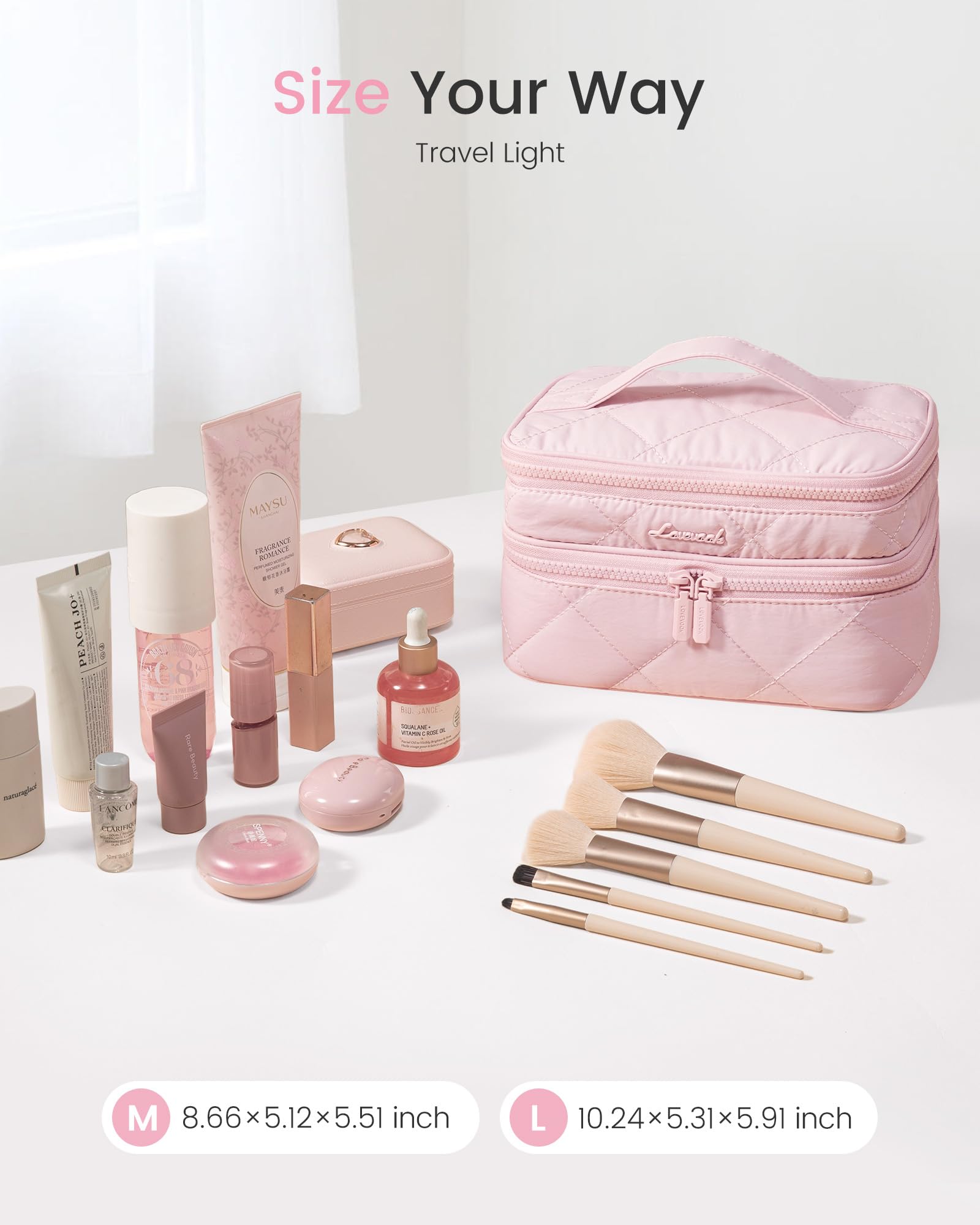 LOVEVOOK Travel Makeup Bag,Large Open Flat Tolietry Bag for Women,Waterproof Portable Cosmetic Pouch,Double Layer Quilted Makeup Bag Organizer With Handle,Travel Essentials,Gift for Her
