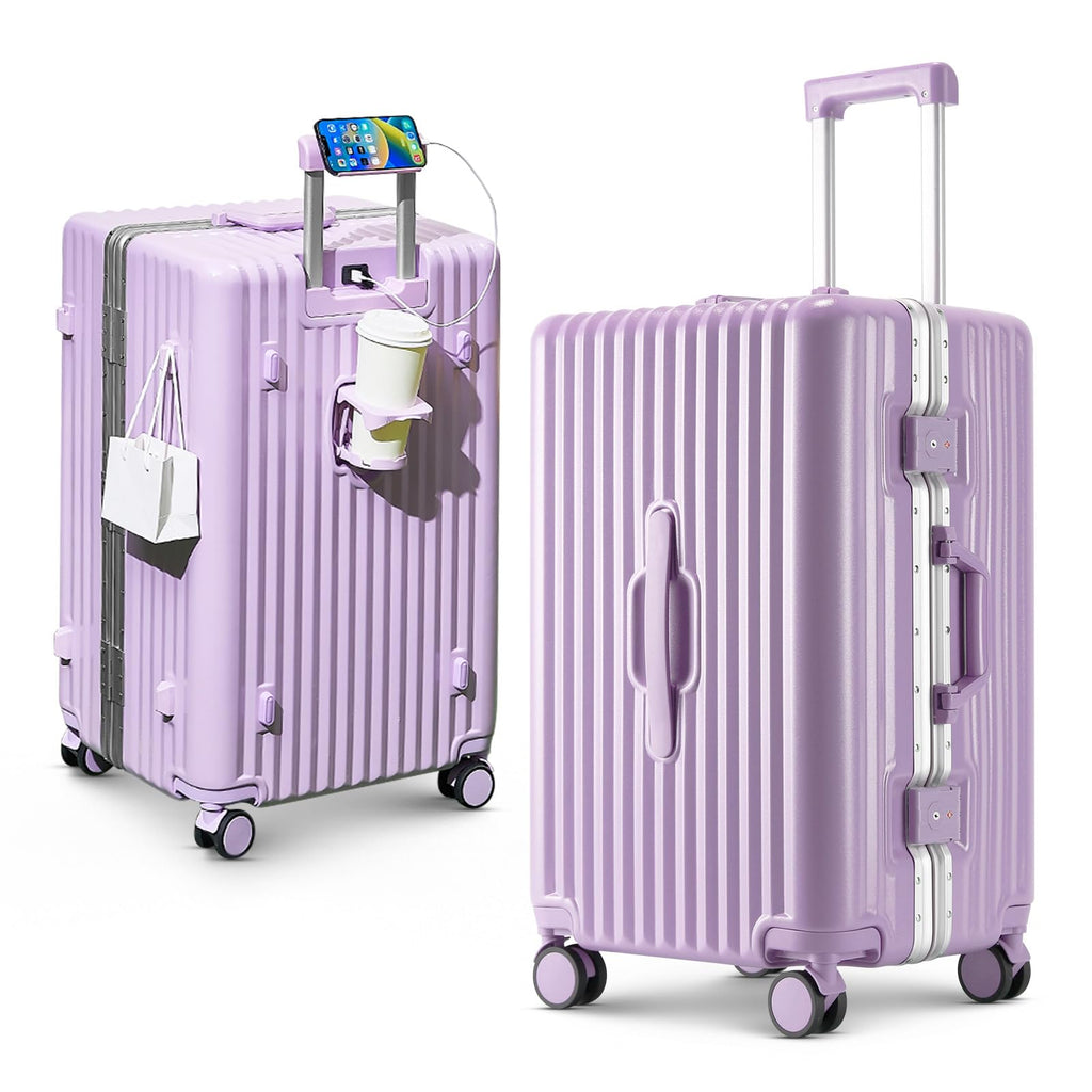 TIYFIY Hardside Luggage with Cup Holder & USB/Type-C Charging Port, Aluminum Frame, Zipperless Design, TSA Lock, Extra-Wide Shell – Smart Travel Suitcase,Checked (Lilac, 24Inch)