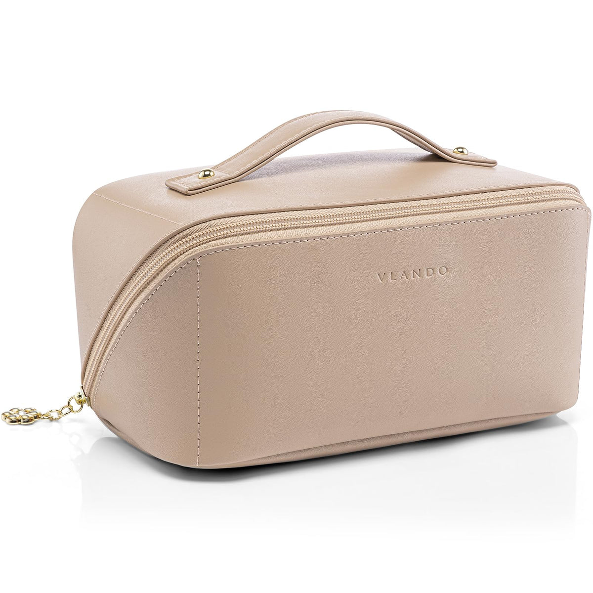 VLANDO Makeup Bag,Travel Toiletry Bag,Cosmetic Bag for Women PU Leather Portable Make up Bag for Skincare, Brushes & Travel Essentials-Toffee