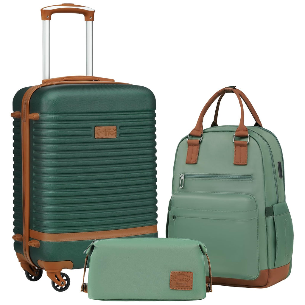 Coolife Suitcase Set 3 Piece Luggage Set Carry On Travel Luggage TSA Lock Spinner Wheels Hardshell Lightweight Luggage Set(Dark Green, 3 piece set (BP/TB/20))