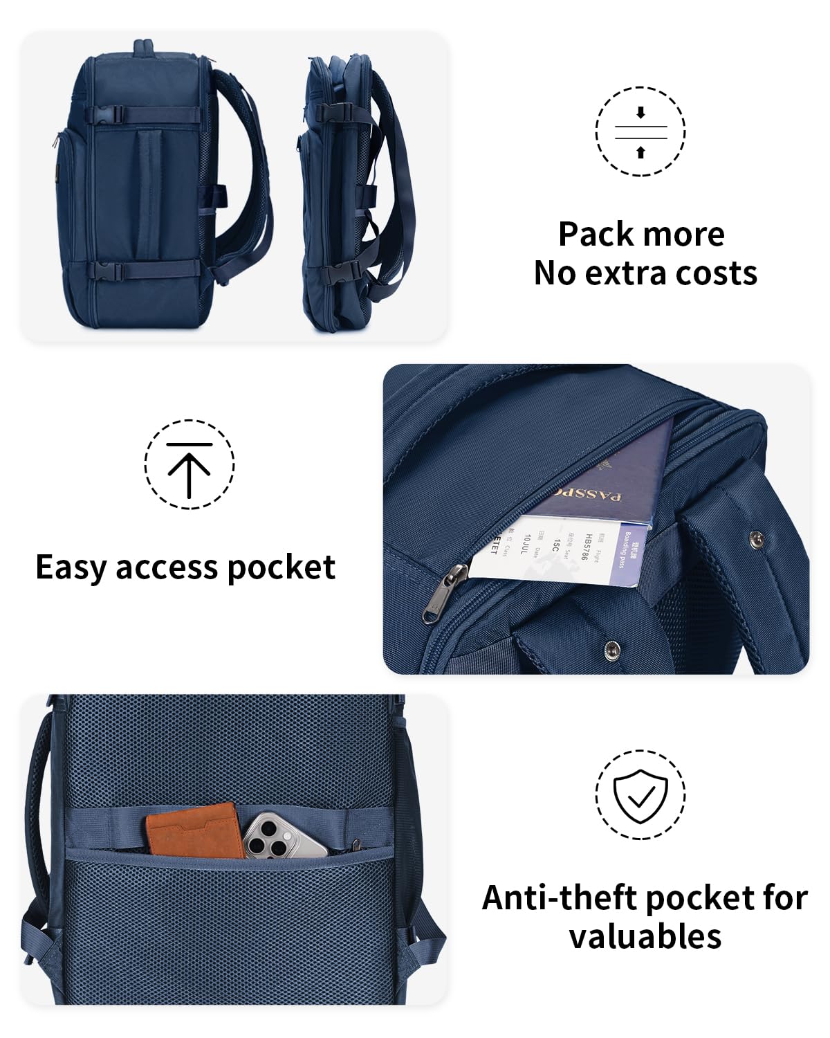 ECOHUB Travel Backpack for Men, 18x14x8 Spirit Airlines Personal Item Bag with Clear Toiletry Bag, Laptop Carry on Backpack with USB Port, Airline Approved Under Seat 14 Pockets 30L, Blue