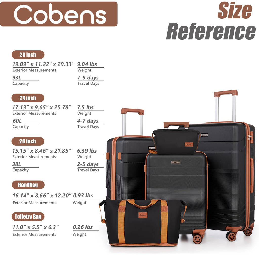 Cobens Luggage Sets 5 Piece with Spinner Wheels, Lightweight Hardshell Suitcases Set with Lock for Men and Women, Carry on Luggage Travel Set with Durable ABS Hard Case