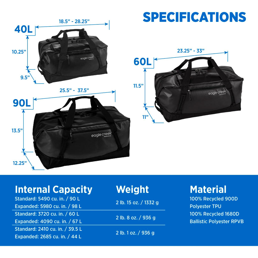Eagle Creek Migrate 40L Travel Backpack Duffle Bag with Tuck-Away Backpack Straps, Full-Access Wide Mouth Opening & Seamless Bottom Bathtub Construction, Black