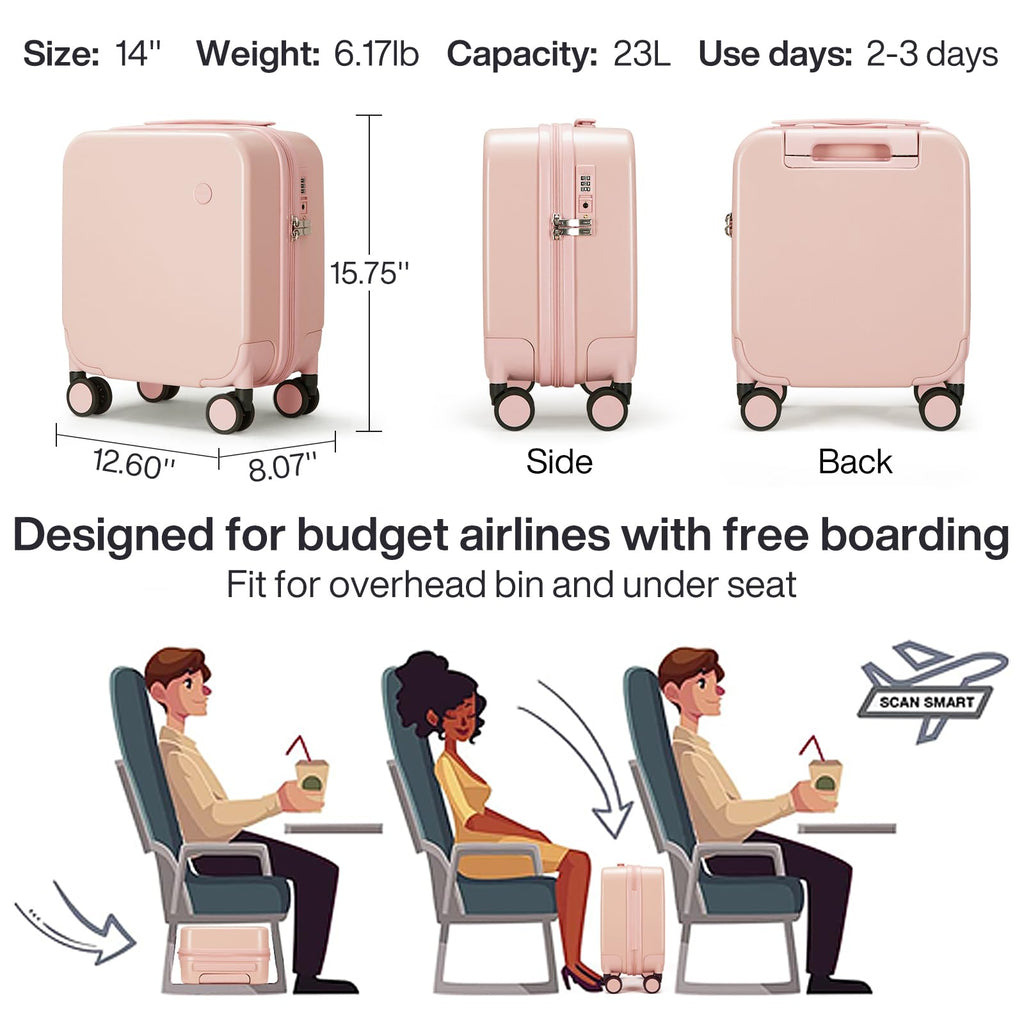 mixi 14 Inch Underseat Luggage Carry on Suitcase Free Boarding Personal Item Suitcases with Spinner Wheels Hardshell Lightweight PC for Short Travel, Pink