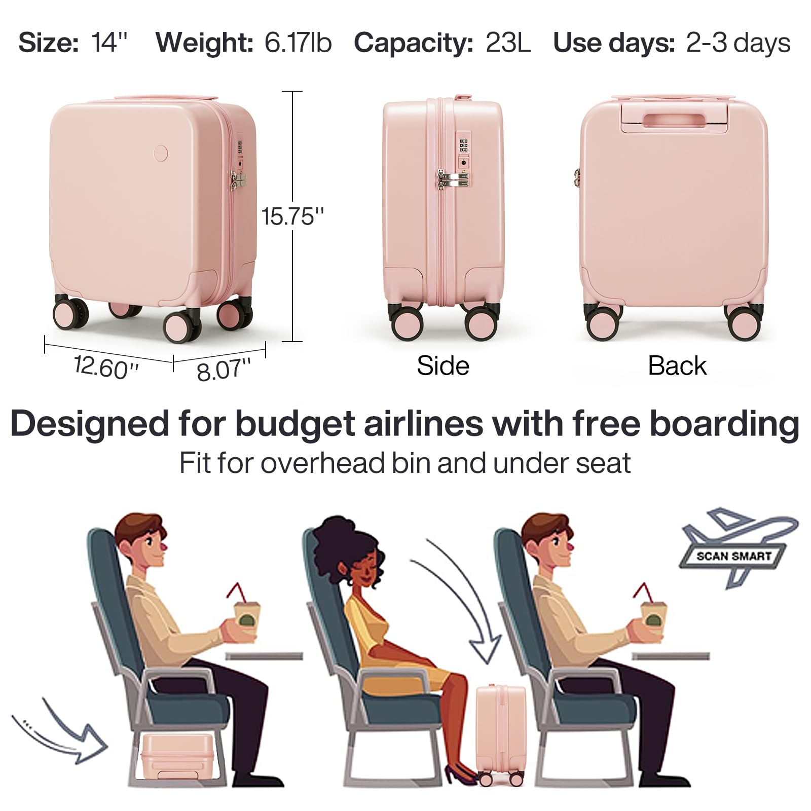 mixi 14 Inch Underseat Luggage Carry on Suitcase Free Boarding Personal Item Suitcases with Spinner Wheels Hardshell Lightweight PC for Short Travel, Pink